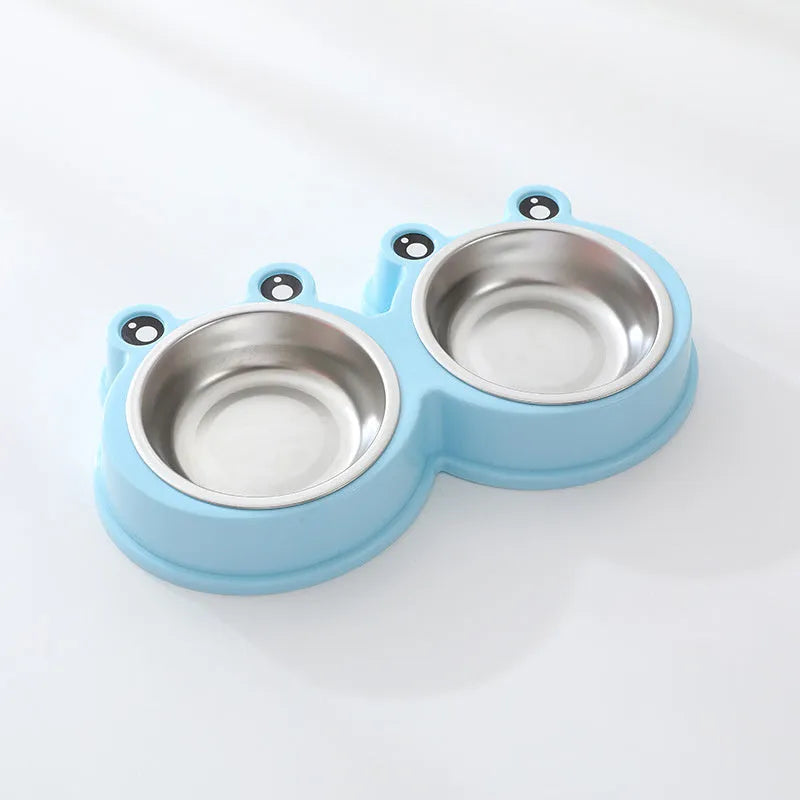 Stainless steel pet double feeding bowl in blue, green, or pink colour for cats and dogs.
