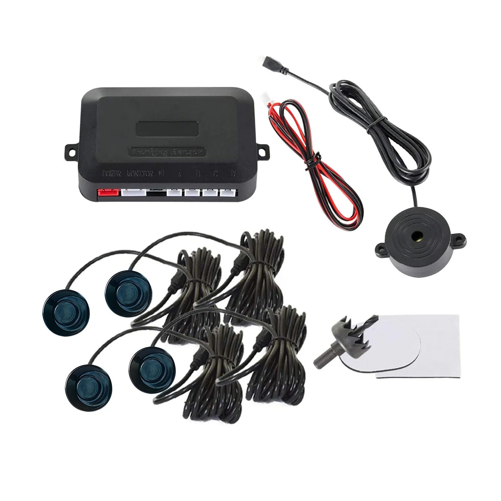Car parking sensor reversing radar system with four ultrasonic sensors and buzzer alert module