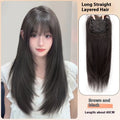 Women's full-head hair net wig in black long straight style with high layering and brown-black root colouration