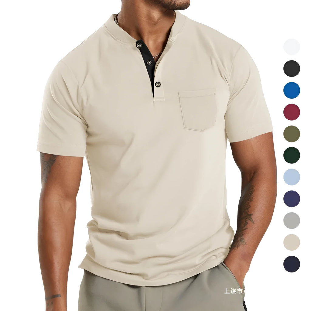 Plus size man modelling a solid colour short sleeve shirt with a chest pocket.