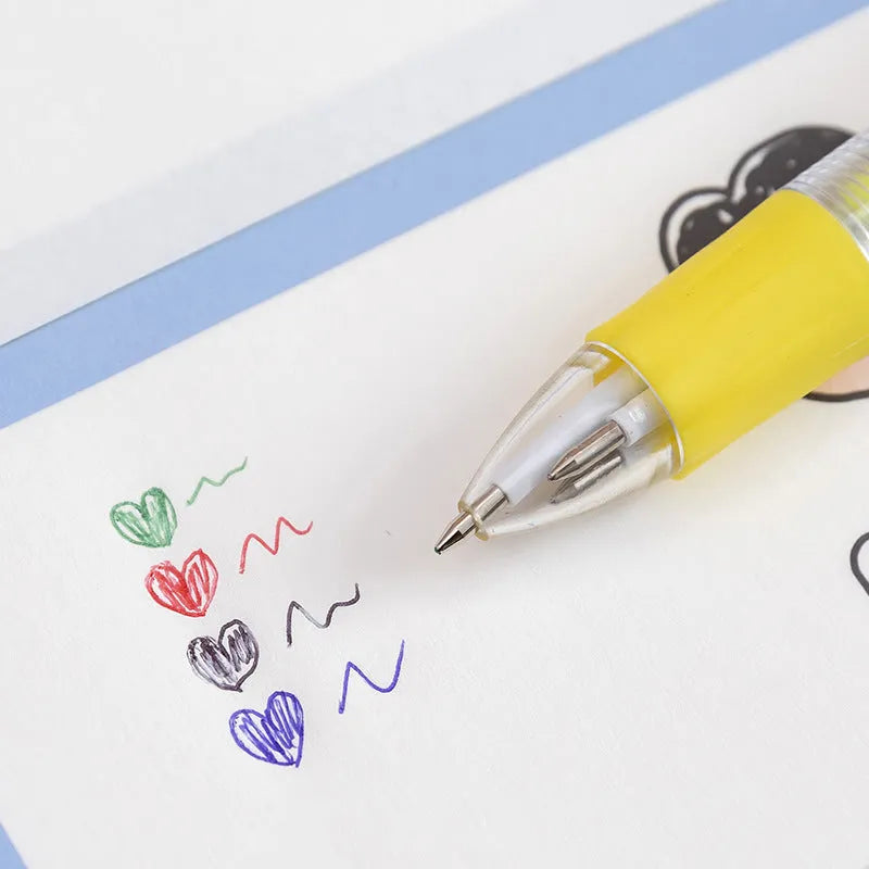 Cartoon print press ballpoint pen showing four-colour design options including cactus, fast food, and heart wings.
