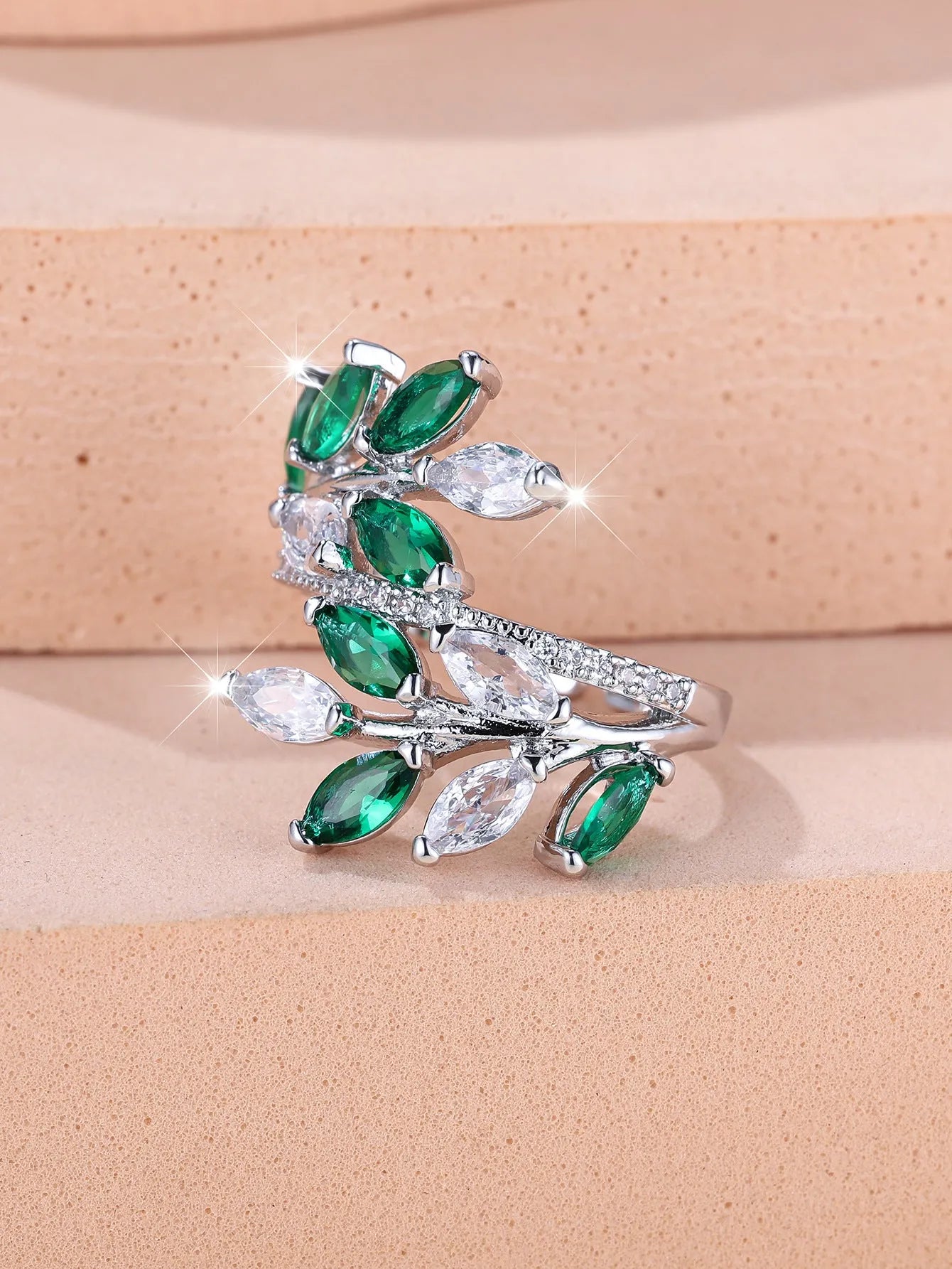 Adjustable copper leaf fashion ring with stone settings in multiple colour options