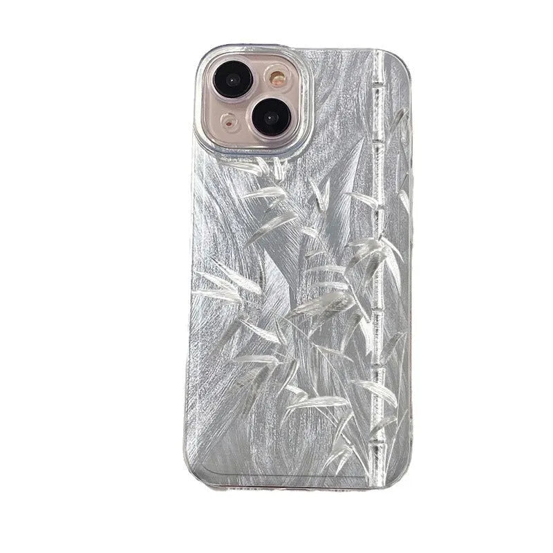 Silver feather yarn silver bamboo acrylic phone case for iPhone with textured feather sand shell finish