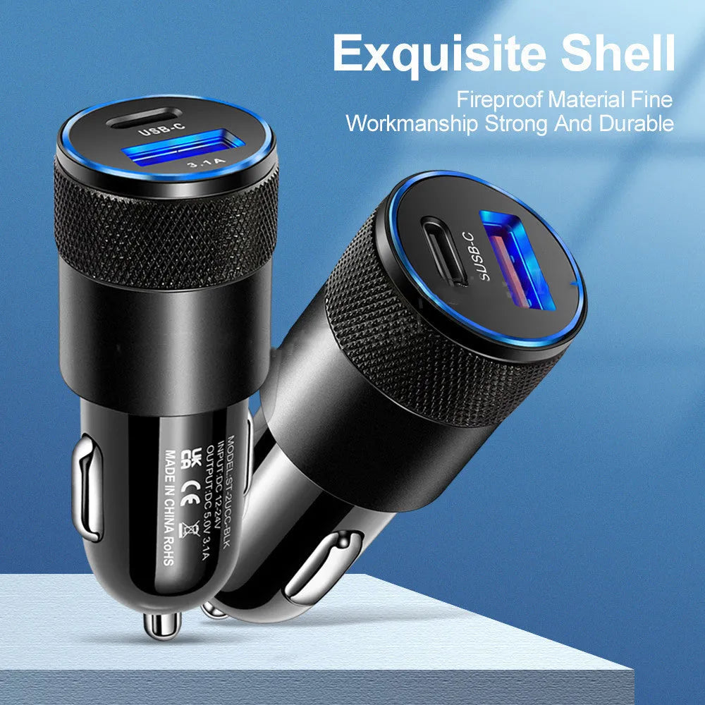 Compact aluminium alloy mobile phone car charger for 12V vehicles with black or black silver finish