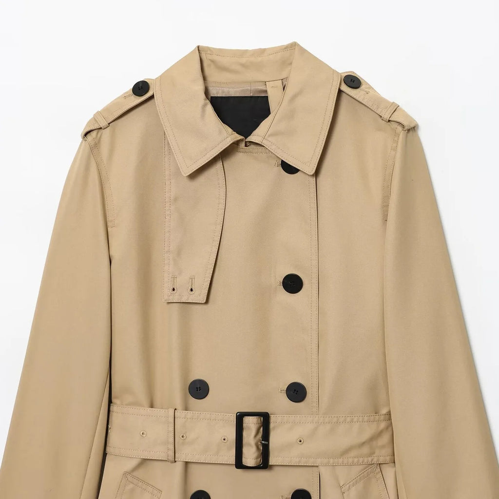 Women's long double breasted trench coat in khaki with drawstring waist and long sleeves