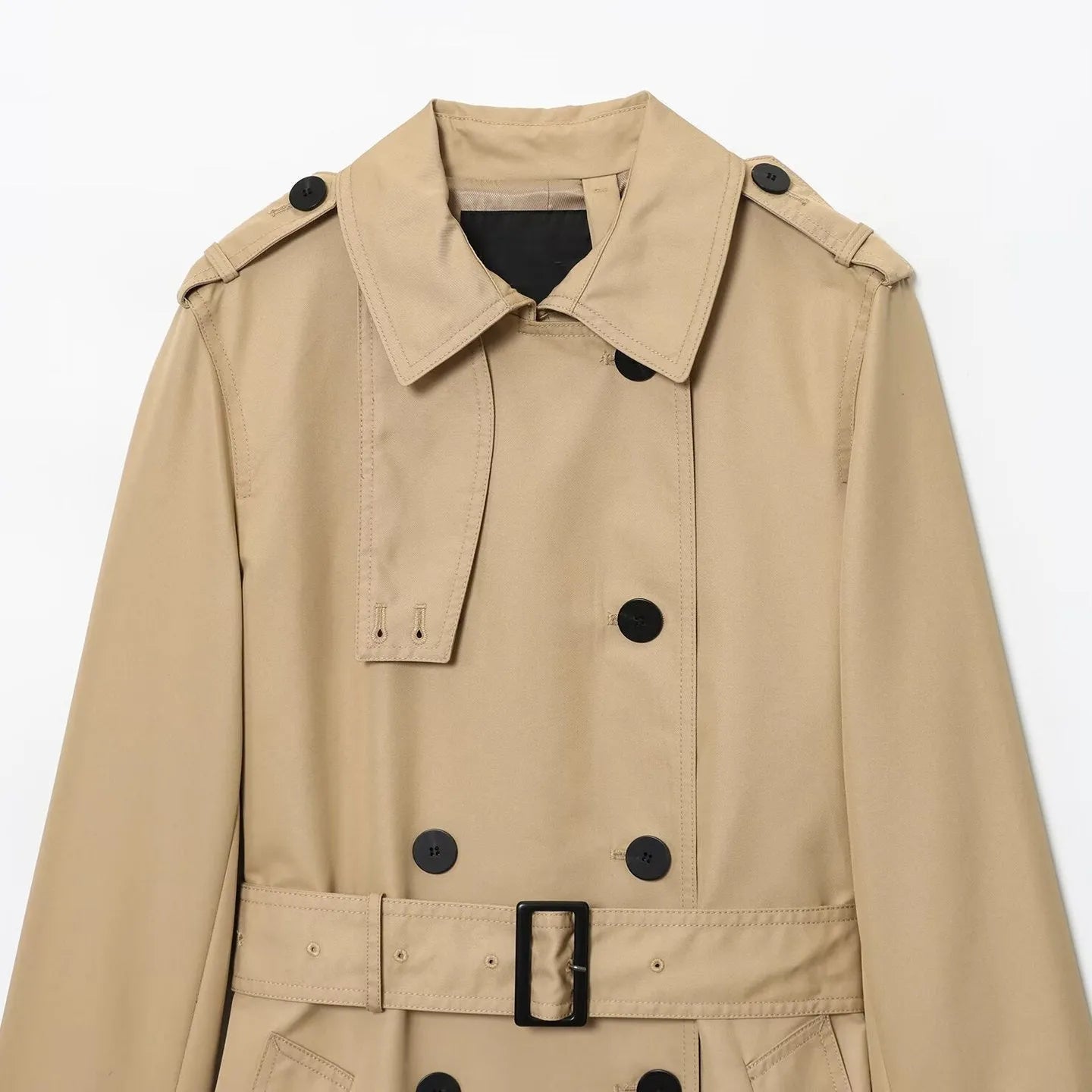 Women's long double breasted trench coat in khaki with drawstring waist and long sleeves