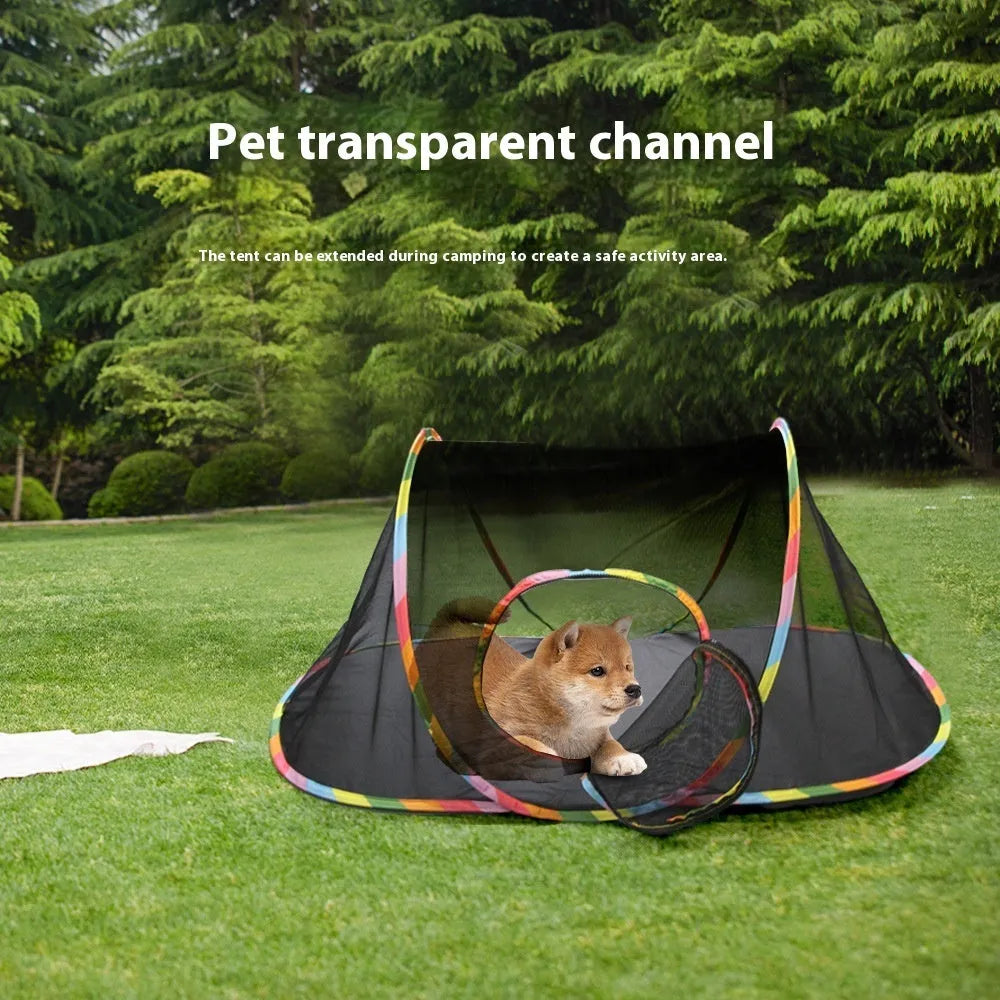 A foldable mesh cat play cage in a hexagonal style, showing open construction for pet visibility and interaction.