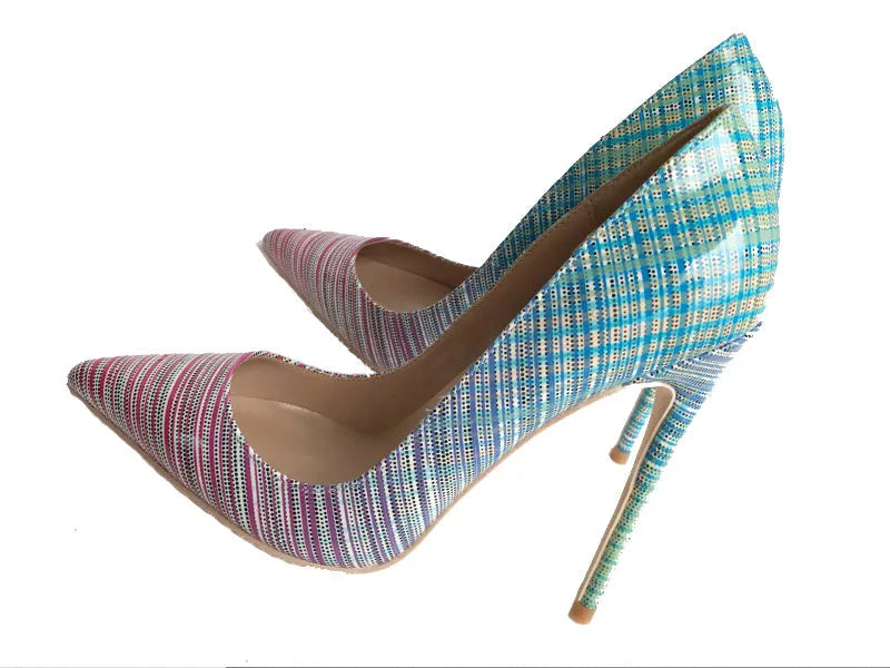 Women's pointed toe gradient colour patent leather stiletto heels on a rubber sole, shown in a shallow court shoe style.