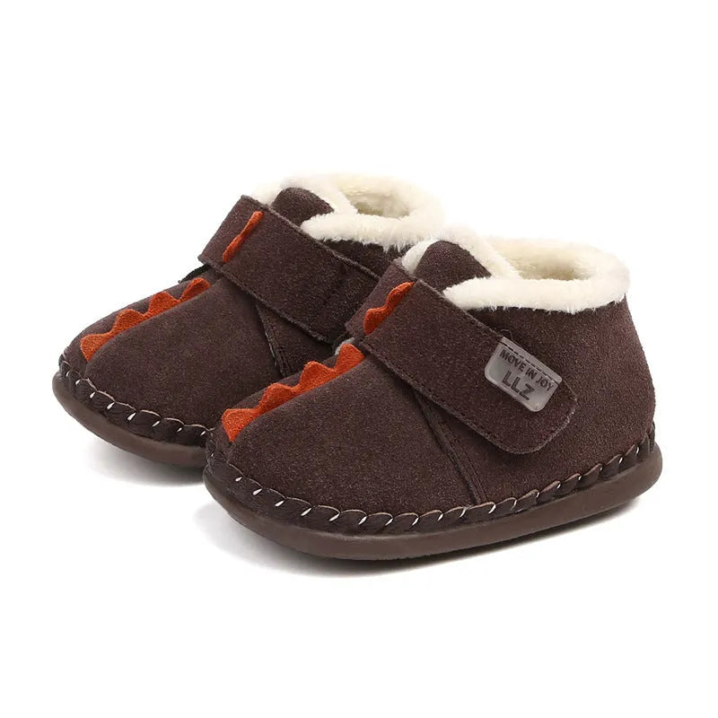 Children's winter cotton shoes with fleece lining and Velcro fastening in dark brown