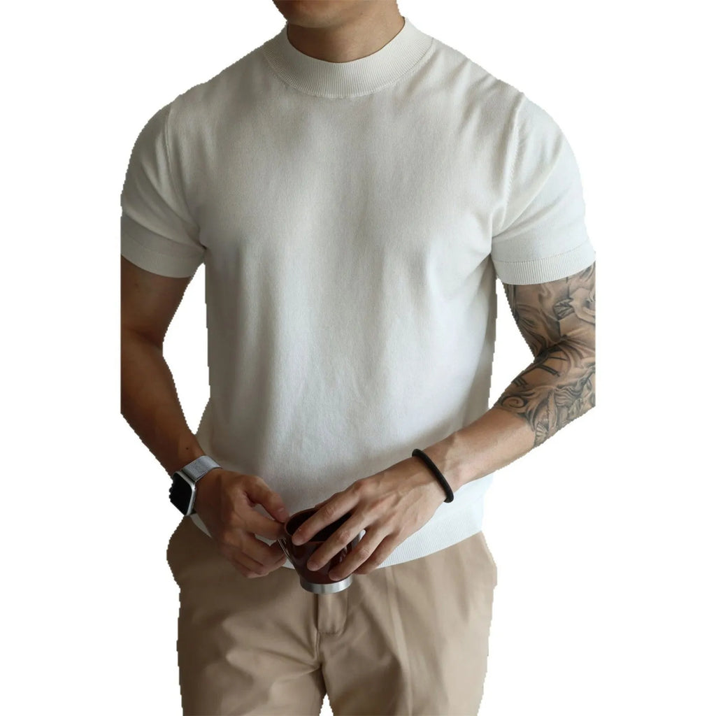 Men's slim-fit solid colour t-shirt on a hanger, available in multiple colours including black, navy, and camel.