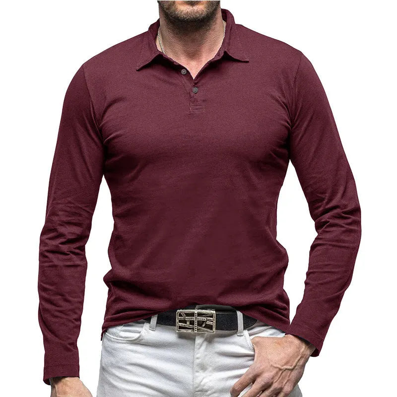 Men's dark grey long sleeve cotton t-shirt with a polo collar, American retro style, laid flat.