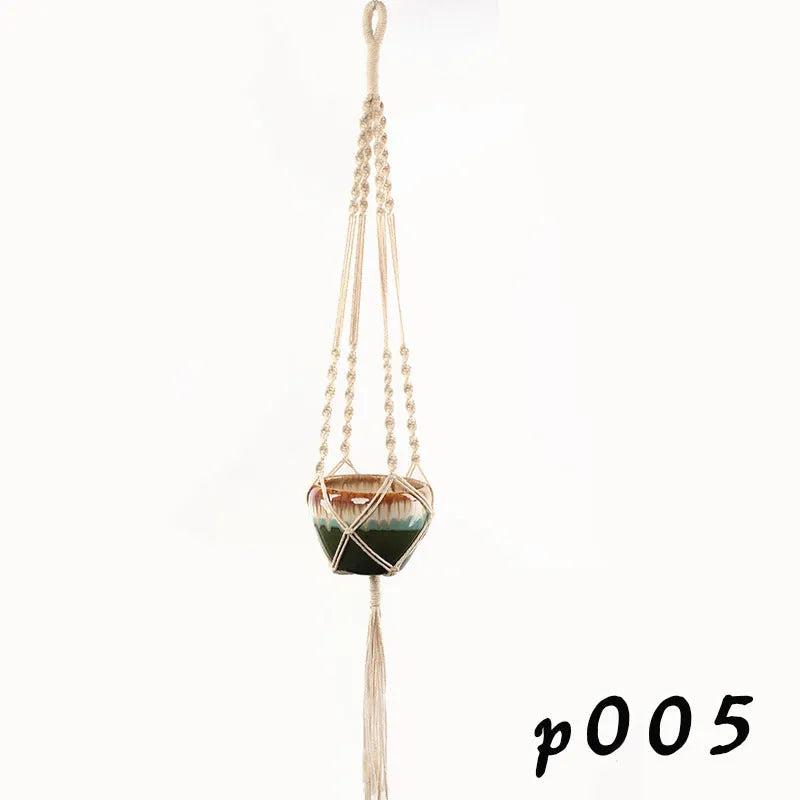 Woven wire cotton rope macramé plant hanger in a European village style, shown as a desktop, wall-mounted, and hanging basin.