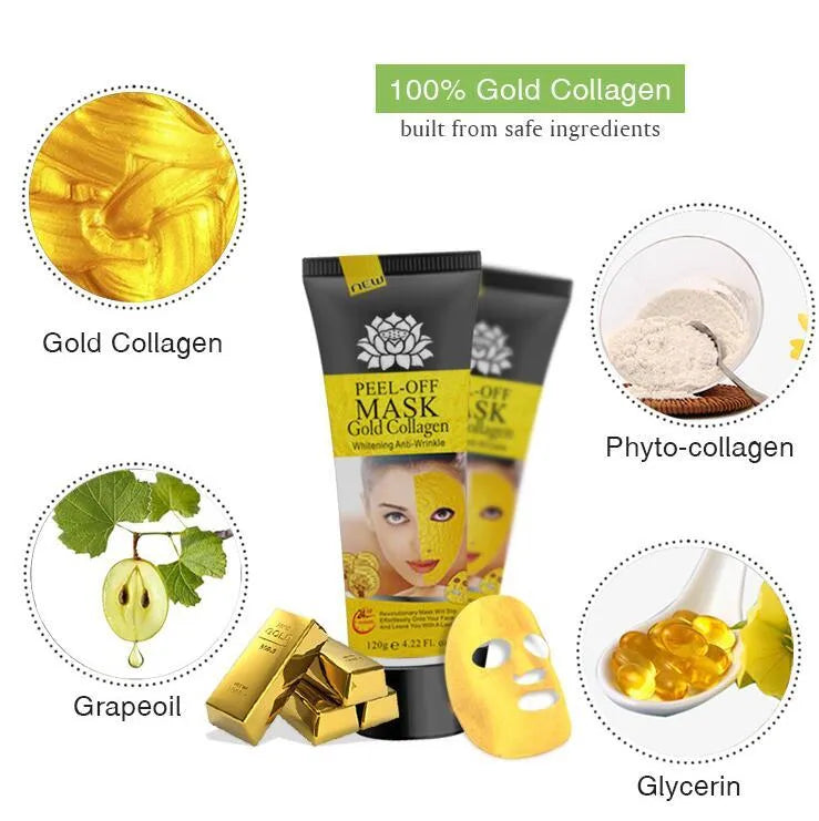 Gold Collagen Peel Off Mask 120g in jar with peel-off texture visible, unisex anti-aging mud mask
