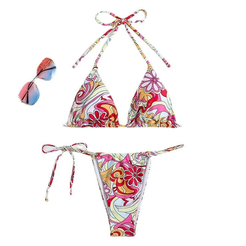 Women's multicolour triangle print bikini with hanging neck top and separate bottoms