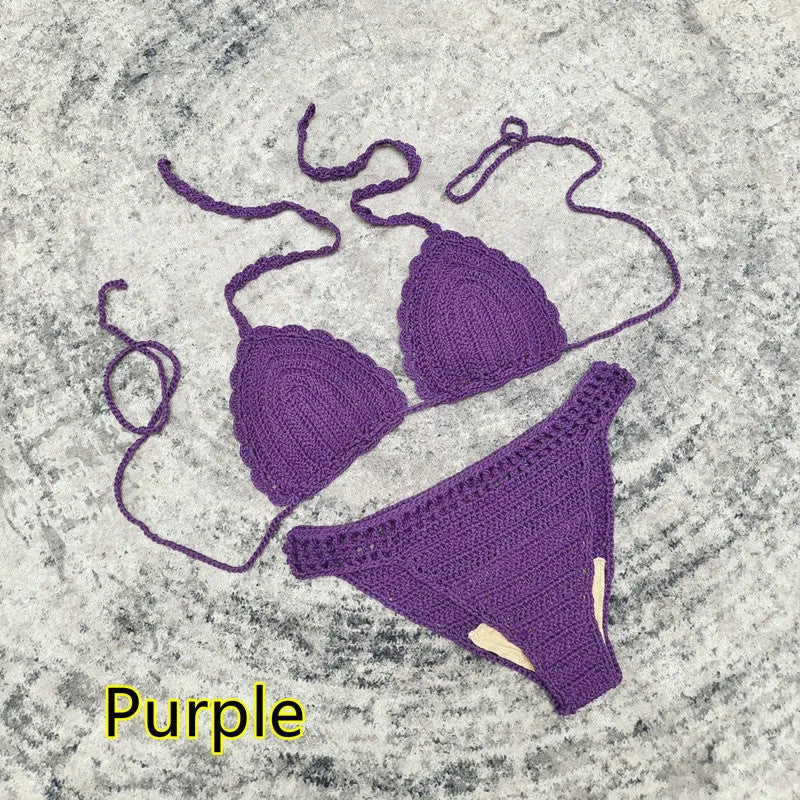 Women's 3-piece crochet bikini swimsuit set in a choice of colours on a mannequin.