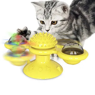 Cat rotating windmill toy with suction base and two transparent bins on blades