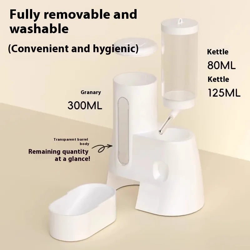 White, blue, and pink hamster automatic water feeder and food basin set on a white background.