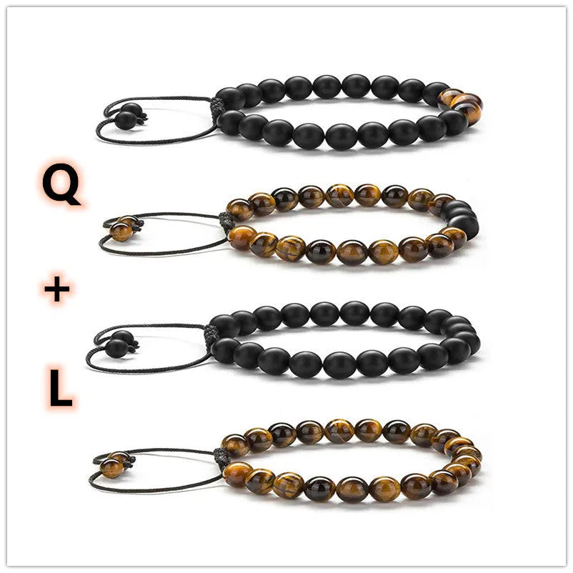Geometric matte black agate couple bracelets with tiger eye beads, shown as a matching set.