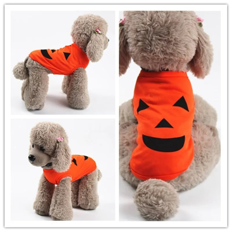 Orange Halloween pet pumpkin clothes shirt with Smiley face, suitable for small dogs and cats, made from breathable cloth fabric.