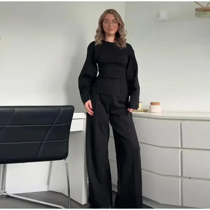 Women's polar fleece suit set with pleated long sleeve top and wide leg trousers in multiple colour options