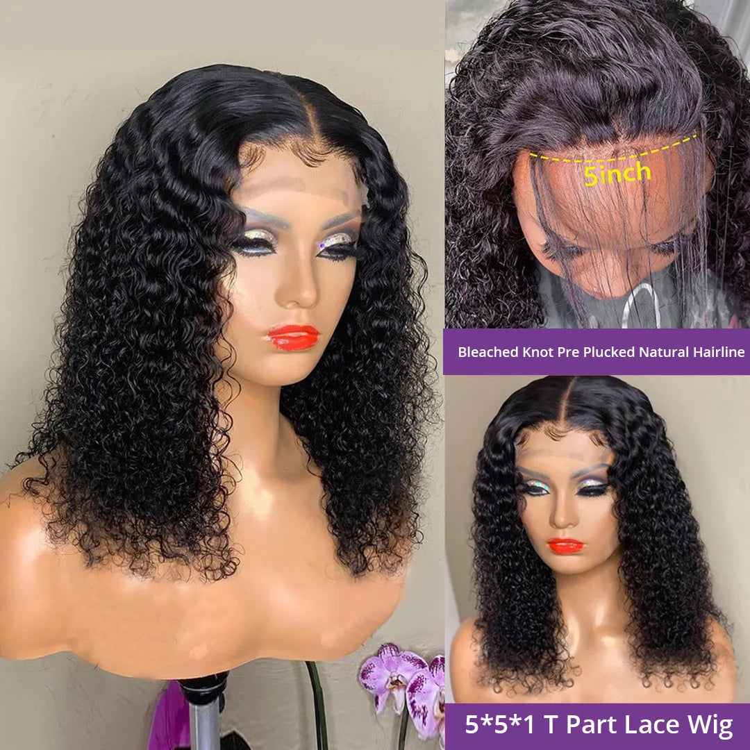 Short bob jerry curly 100% unprocessed human hair wig with transparent Swiss lace and bleached knots, 12 inch length