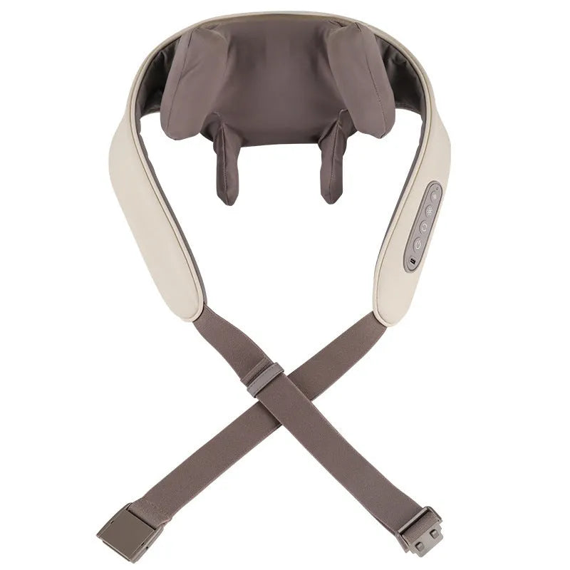 Milky white rechargeable shoulder and neck kneading massager with USB charging cable.