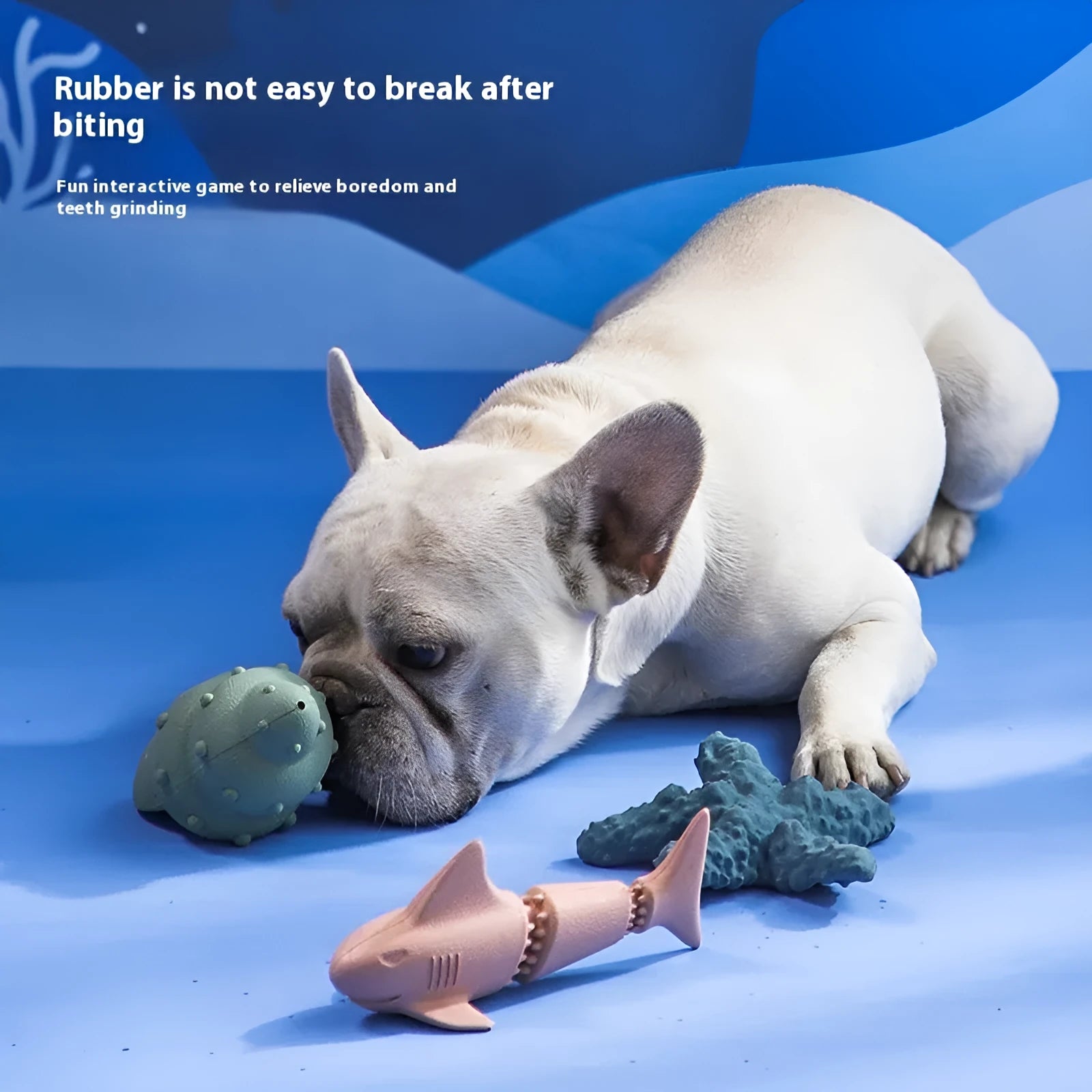 Deep sea shark design rubber dog food leakage toy in blue and green colours