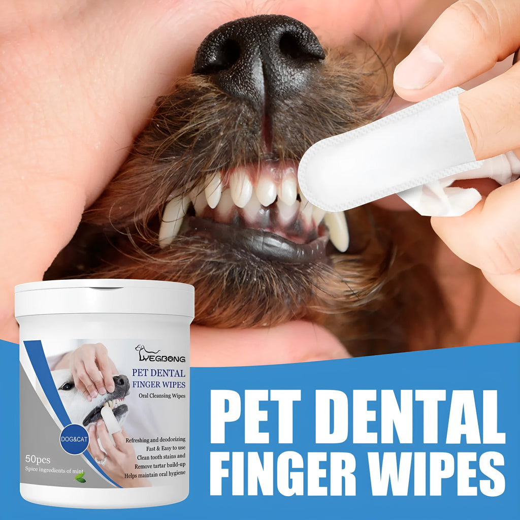 Can of 50 dog teeth cleaning finger wipes next to a silicone finger stall for oral care.