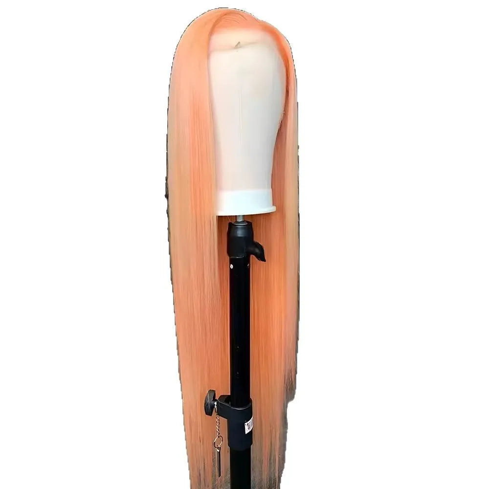 Light orange long straight front lace synthetic wig with side bangs on a model.