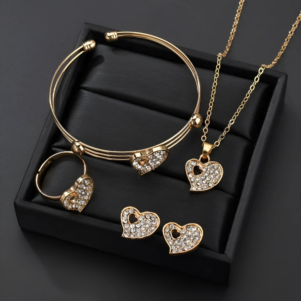 Gold electroplated alloy women's jewellery set with love pendant necklace, earrings and bracelet