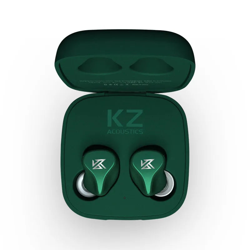 Black and Green Z1 true wireless Bluetooth in-ear headphones with charging case.