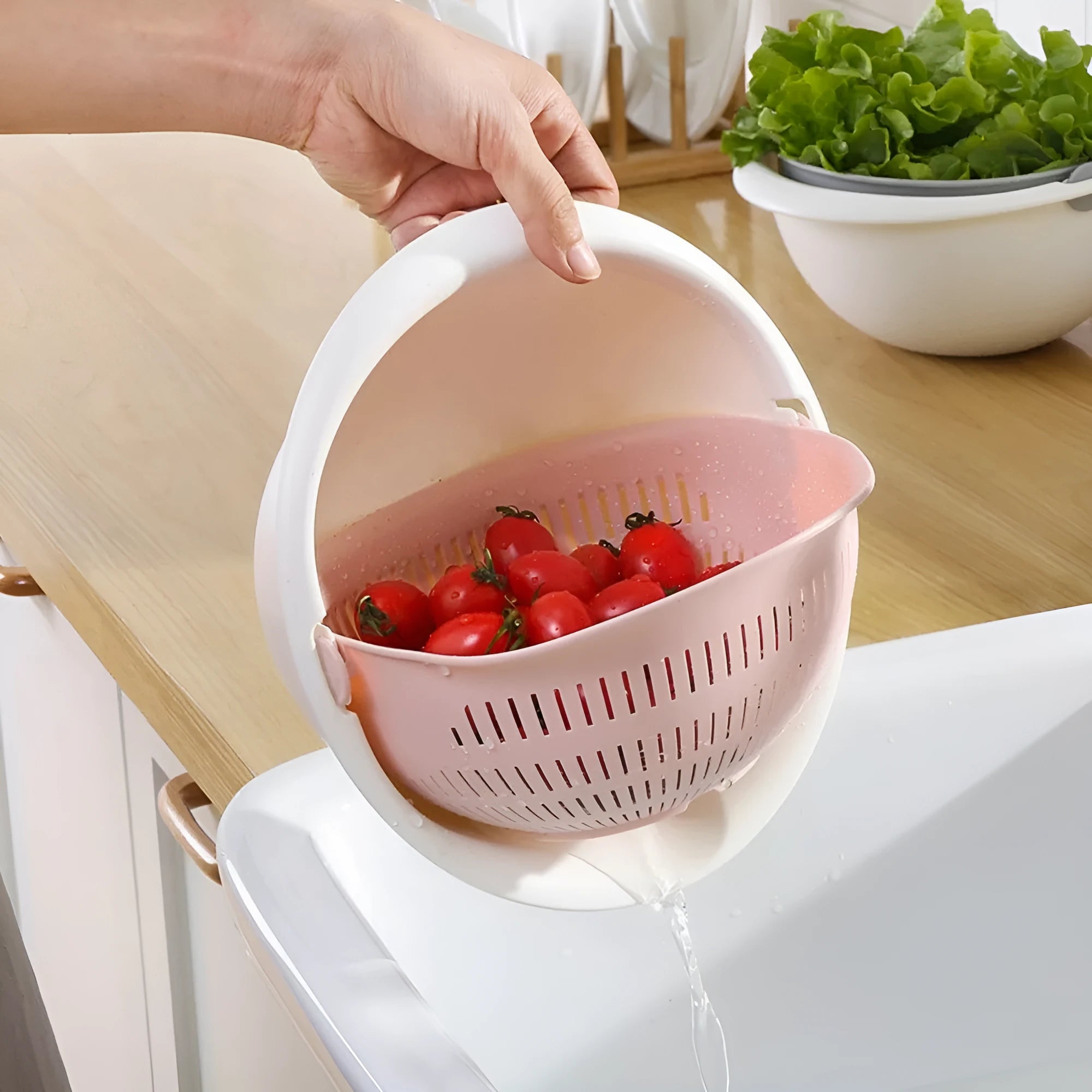 Portable double-layer hollow fruit and vegetable cleaning drain basket in Beige, 23 cm square PP plastic
