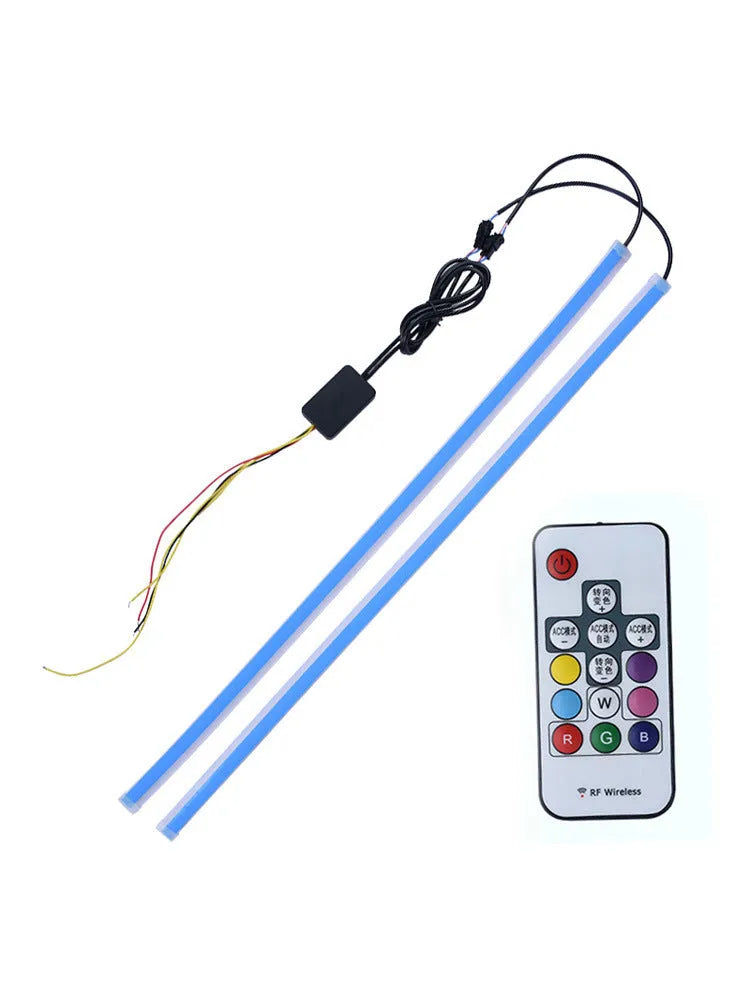 Remote control and set of multicolour RGB LED daytime running lights for cars in three length options