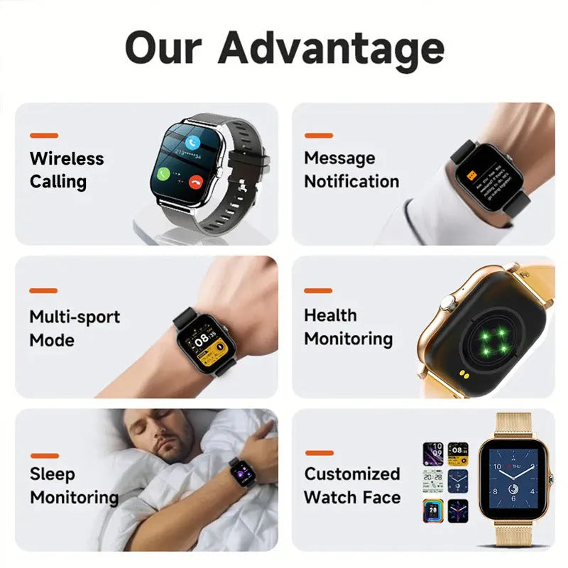 Smart watch with touch screen showing Bluetooth calling and health tracking features on silicone strap