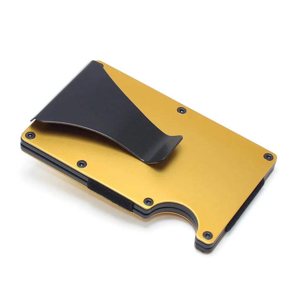 Geometric aluminium and carbon fibre card wallet for business cards and banknotes in a gift box.