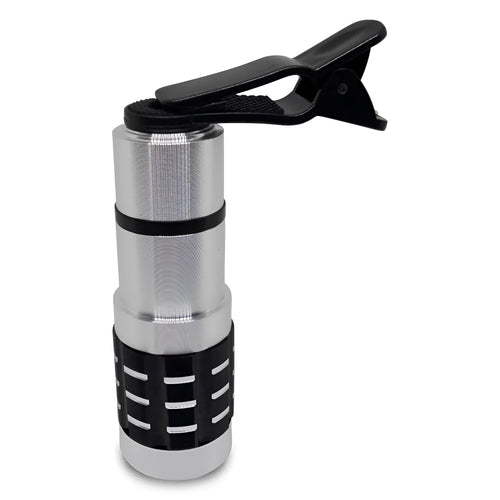 12x telescopic zoom lens with universal clip attached to a mobile phone for long-distance photography.