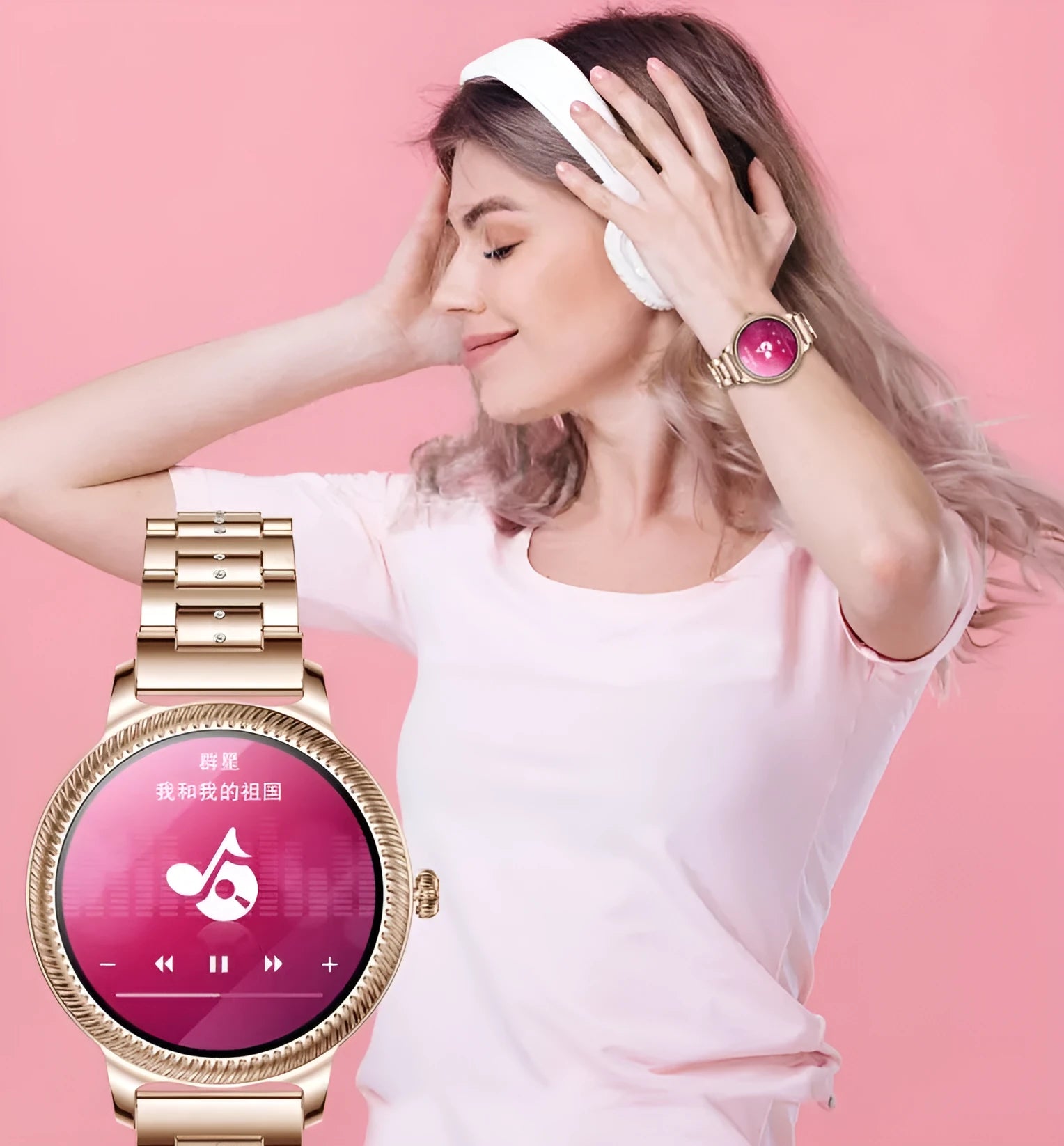 AK38 ladies smart watch with stainless steel Milanese band and 1.09-inch colour screen displaying time