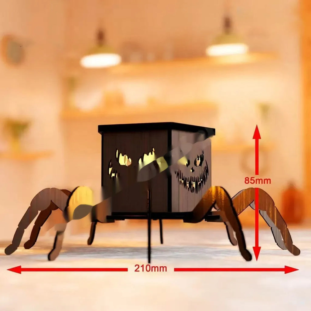 Wooden Halloween candlestick with spider design measuring 21cm by 8.5cm