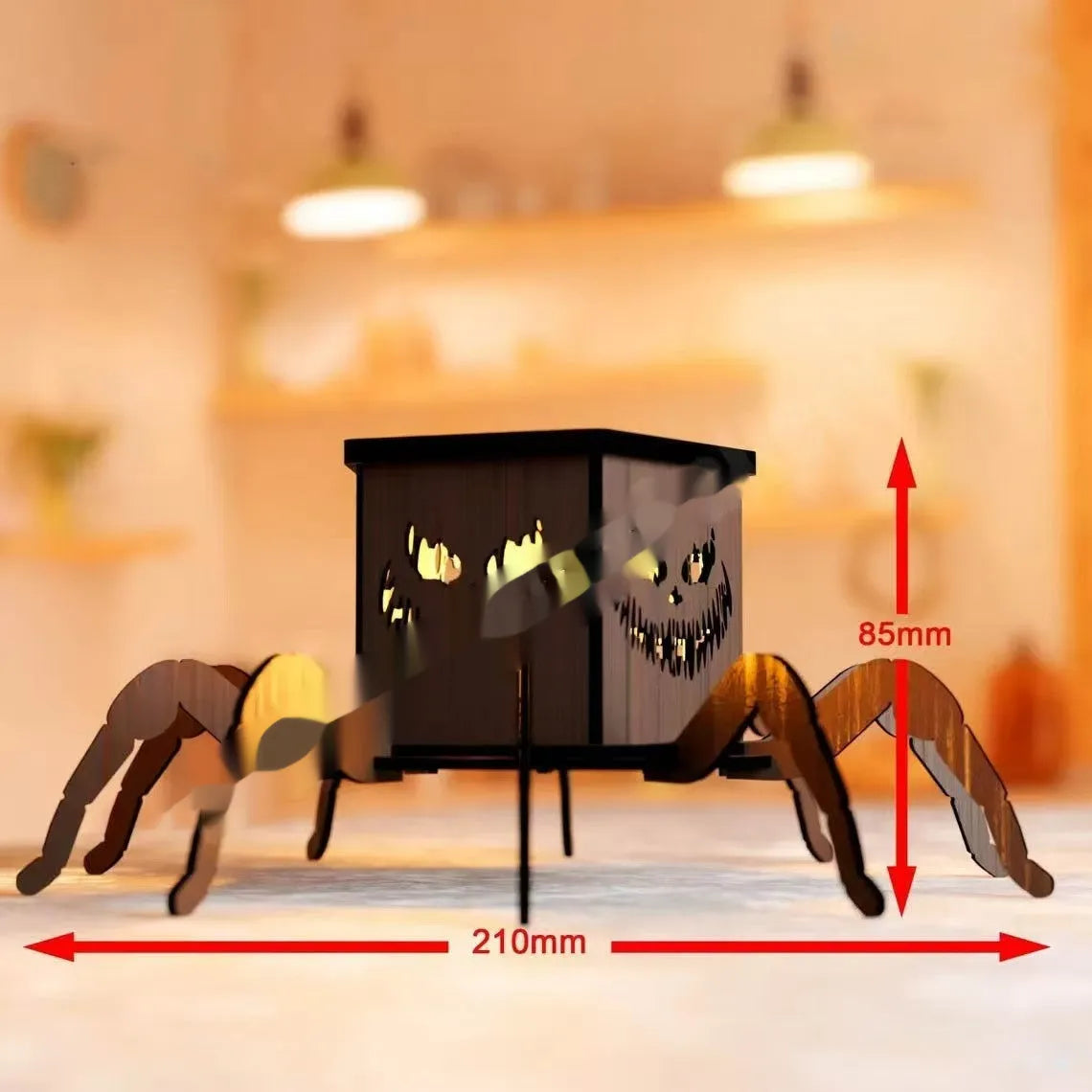 Wooden Halloween candlestick with spider design measuring 21cm by 8.5cm