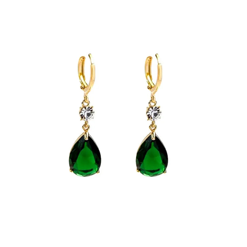 Pair of green geometric teardrop shaped alloy dangle earrings for women