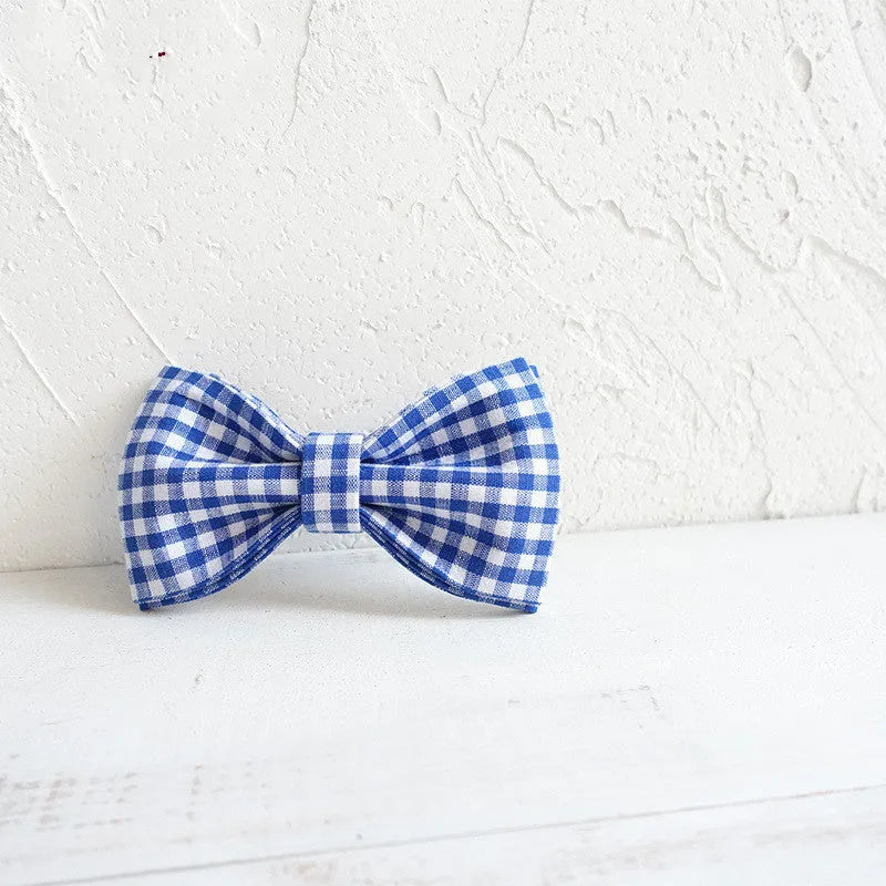 Blue checkered polyester dog bow tie on a collar, XS to XL size options available