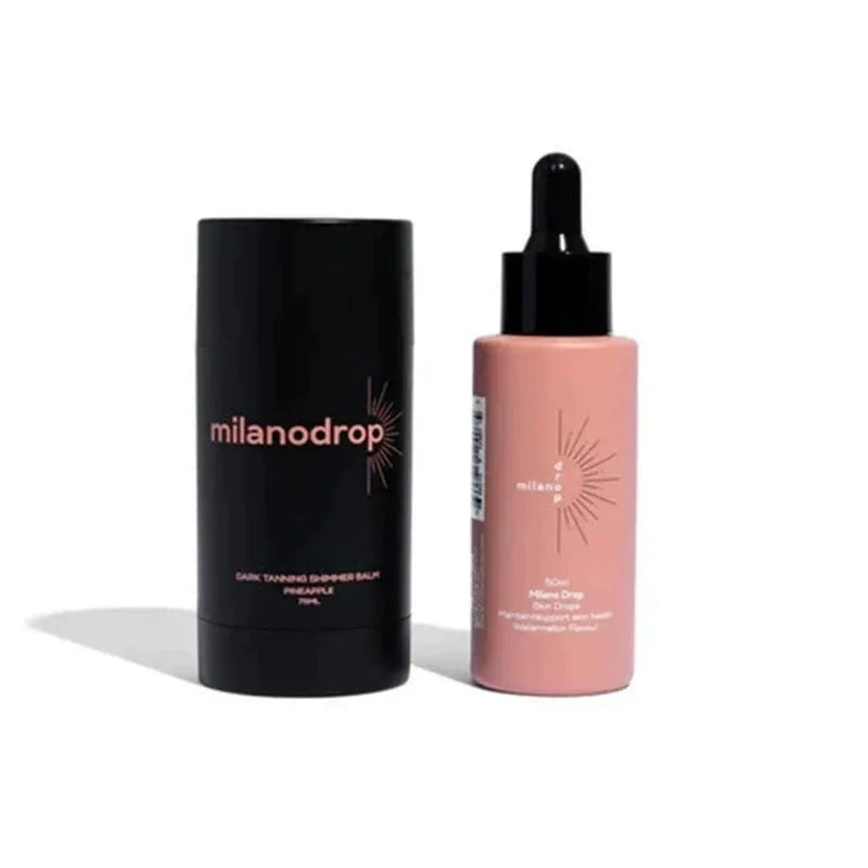 Matte sun tanning black liquid product duo showing 50ml tanning drops bottle and 75ml tanning flash cream tube