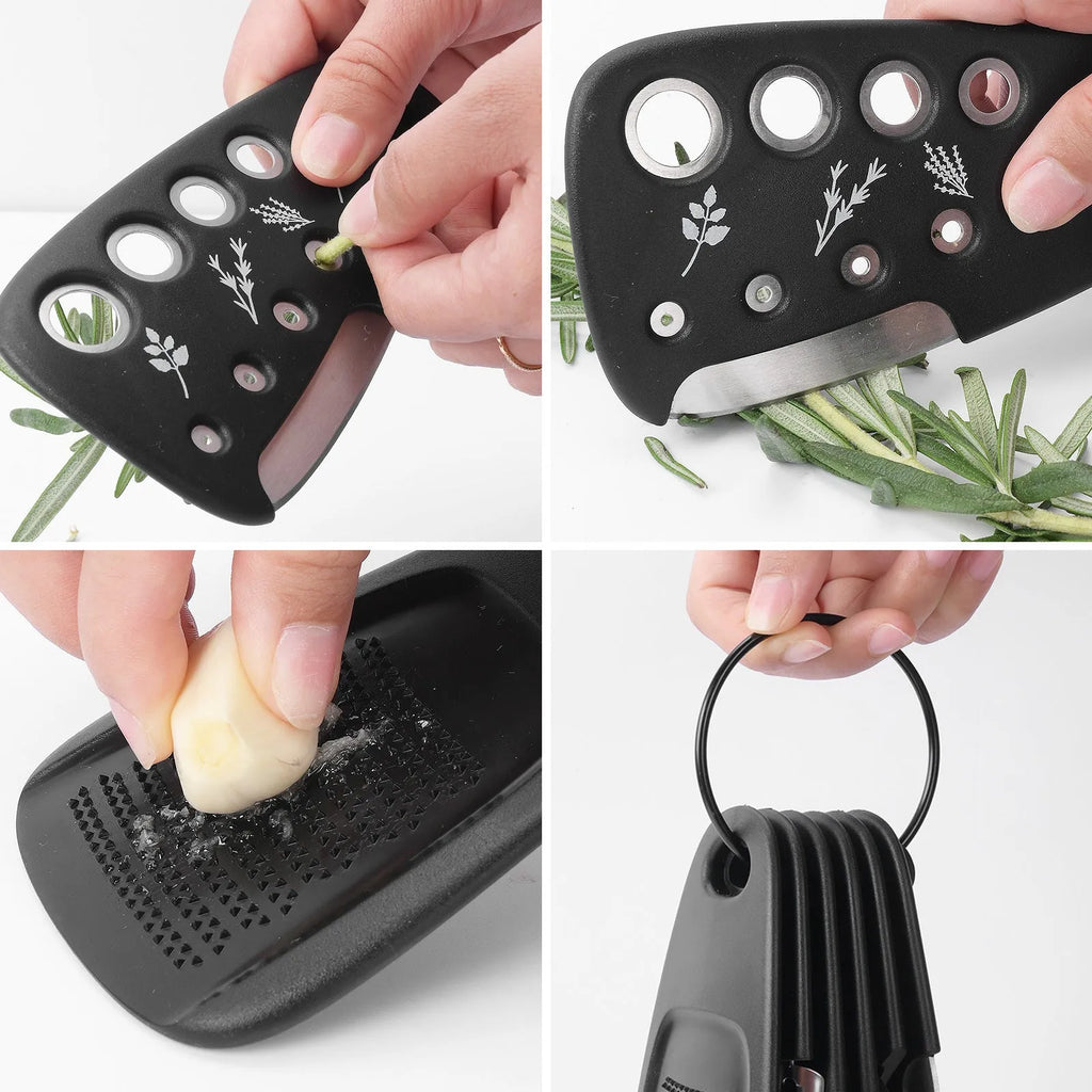 Six stainless steel kitchen gadgets stacked together in modern colour box with cleaning brush