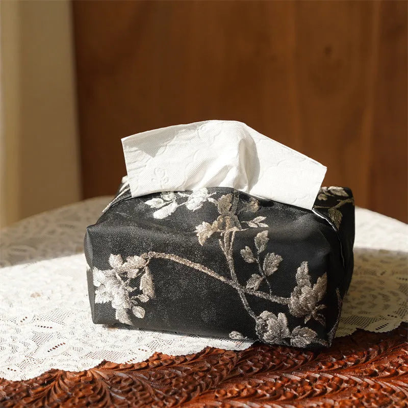 Chinese style brocade tissue box cover with embroidered white plum design, available with or without pearl buckle