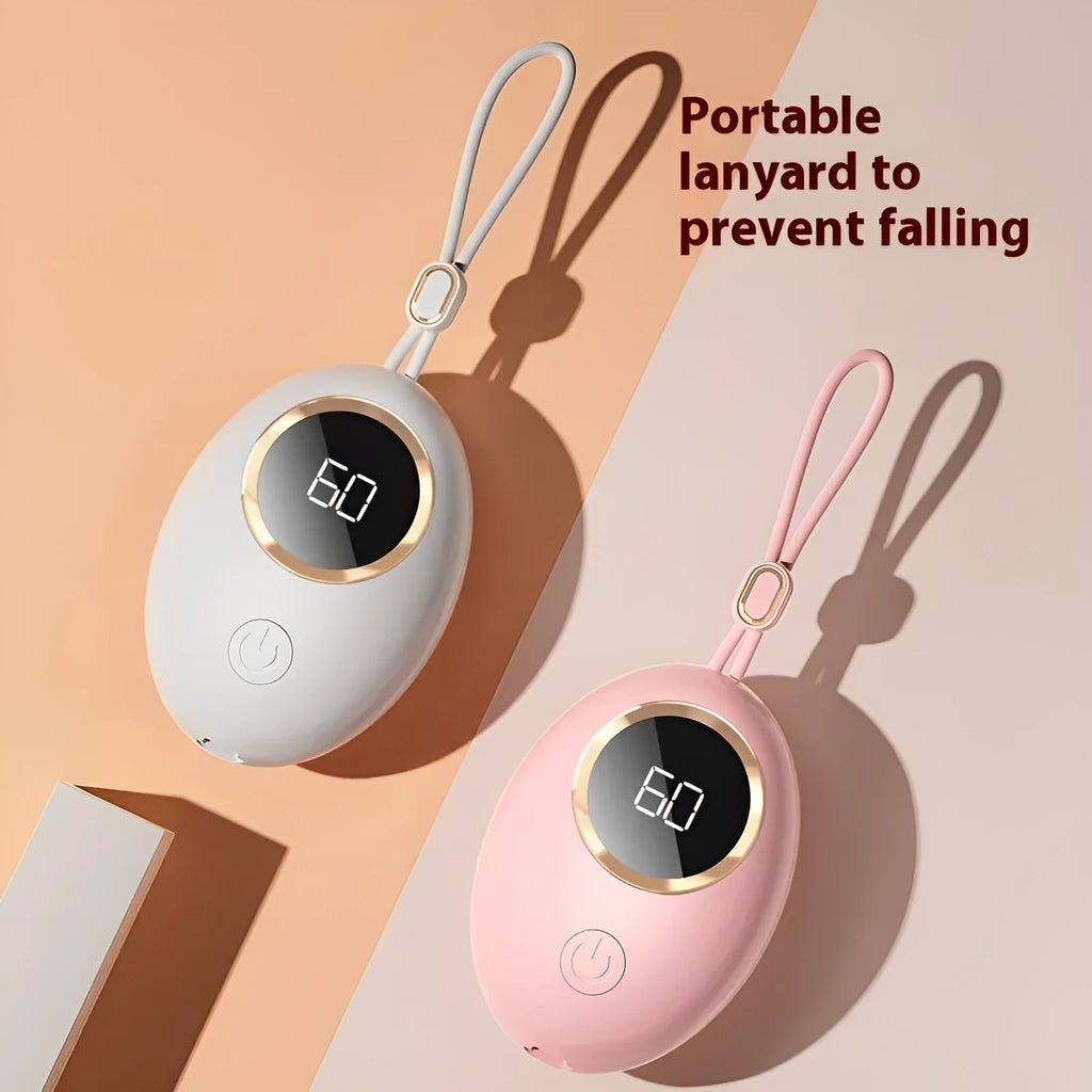 USB hand warmer with digital display showing temperature, aluminium heat dissipation, available in six colours