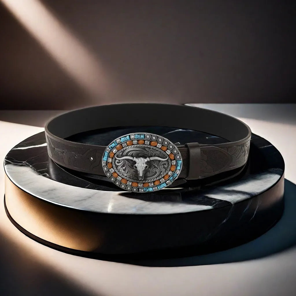 Men's imitation leather belt with cow head buckle design in black or brown colours