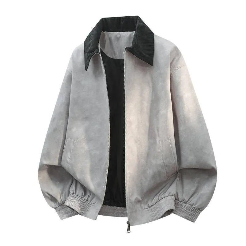 Men's black stitching lapel casual jacket with straight hem and side seam pockets