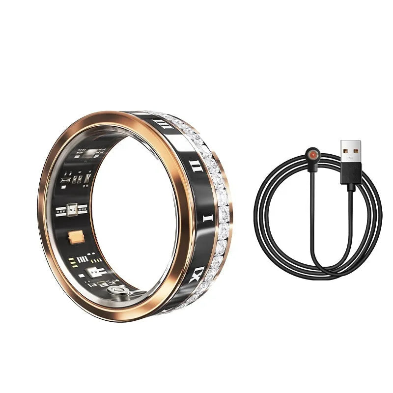 Diamond inlaid smart ring in silver and gold colours showing health monitoring technology integrated into jewellery design
