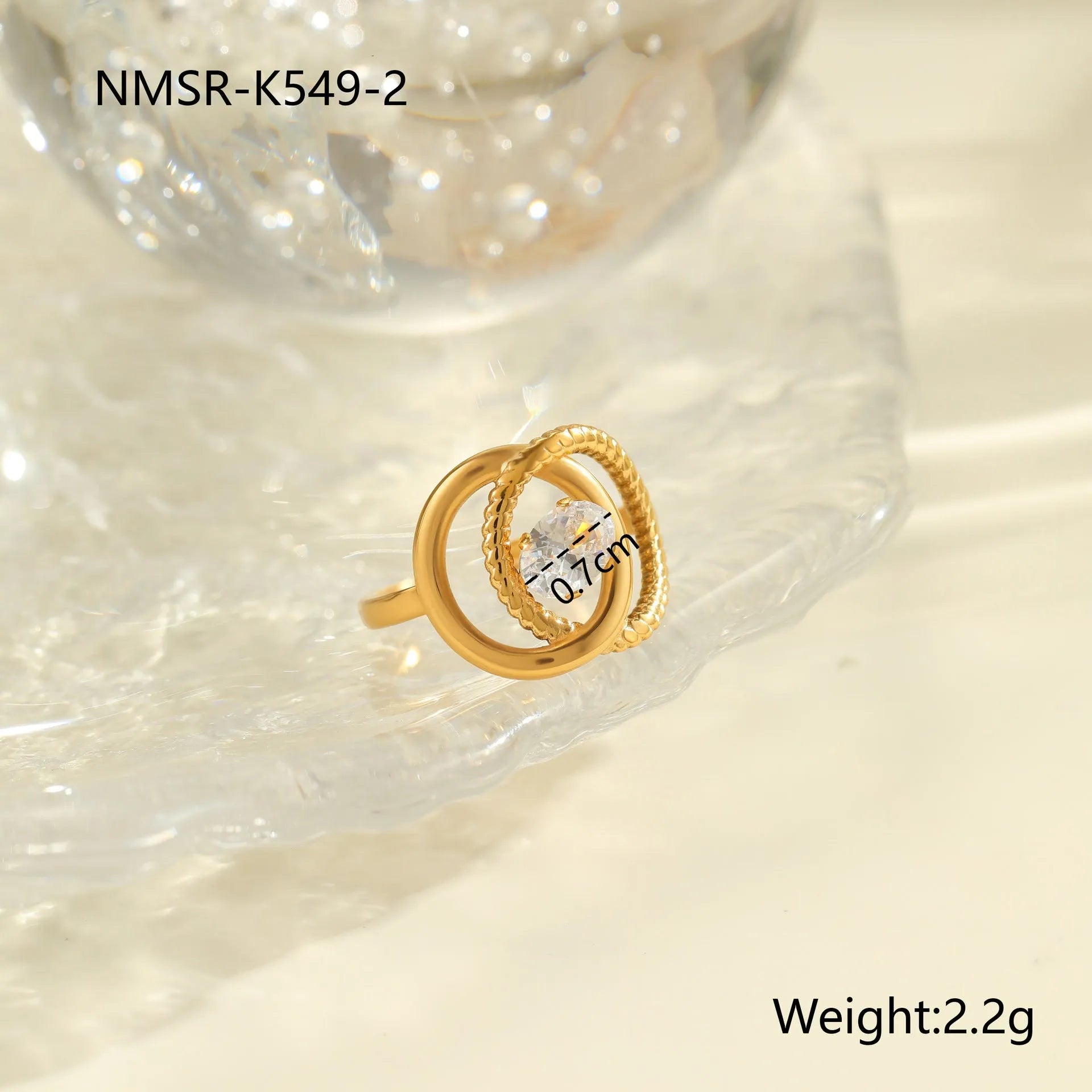 Stainless steel women's ring with gold electroplating and zircon details in geometry design