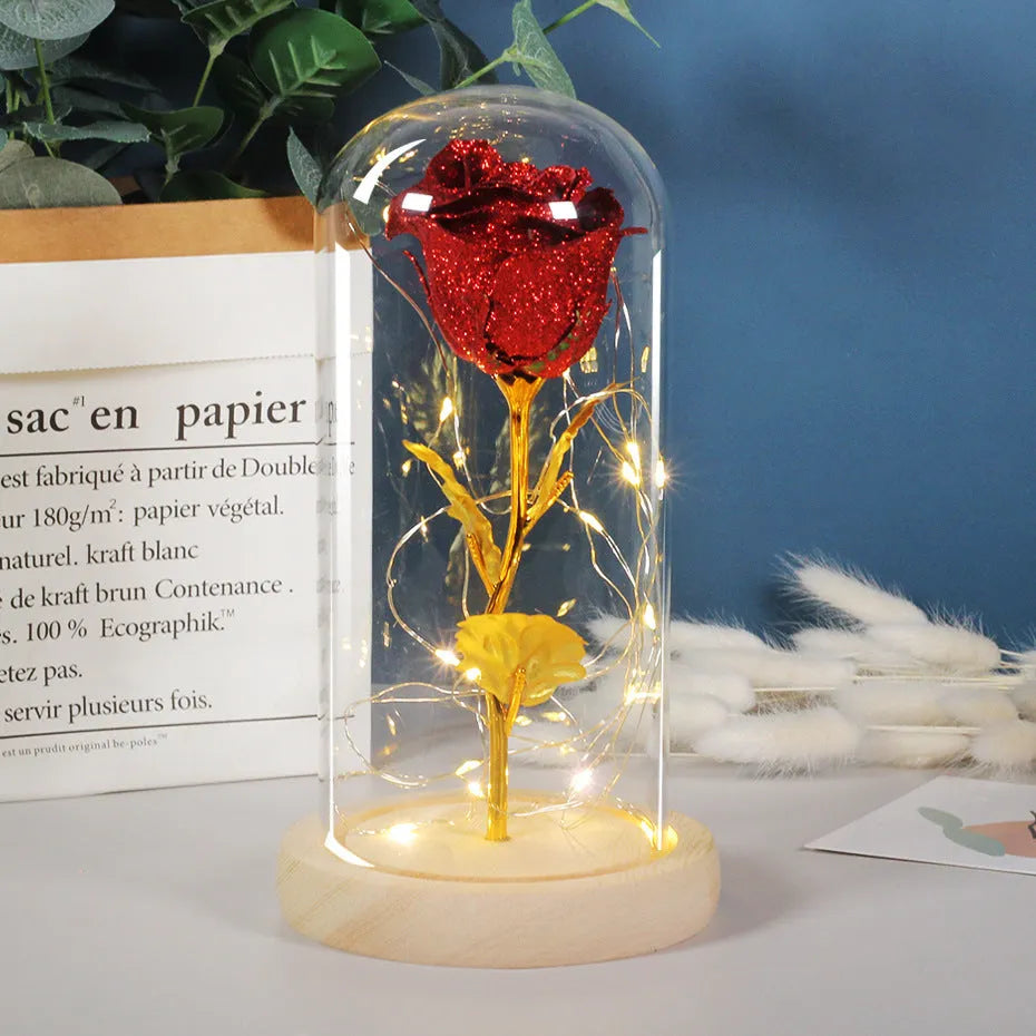 Eternal rose in glass cover with LED light on, seven colour options, handmade copper wire stem